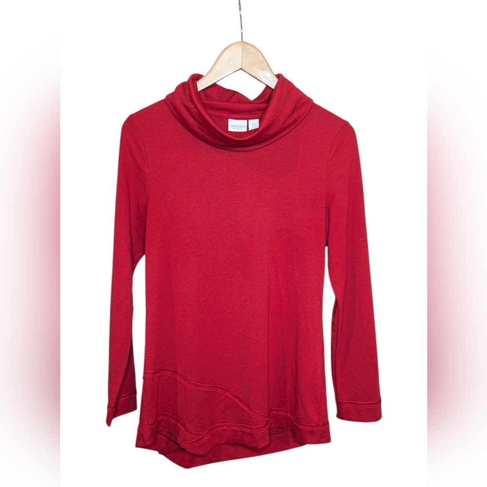 Weekends by Chicos Tunic Top 0/Small Red Cowl Neck Long Sleeve Asymmetrical Hem - Picture 2 of 12